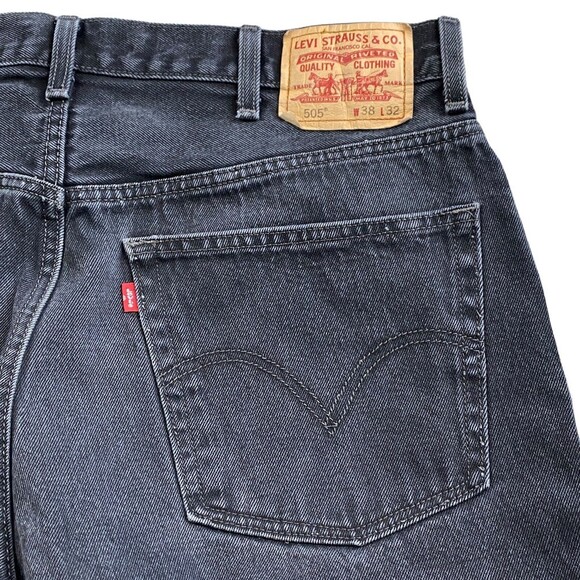 Levis 505 Black Denim Regular Fit Jeans Pants 38 x 32 Distressed - Picture 15 of 16